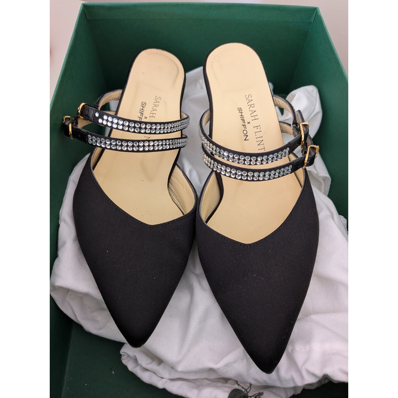 Sarah Flint Black Satin Kitten Mules 7.5 Euc
